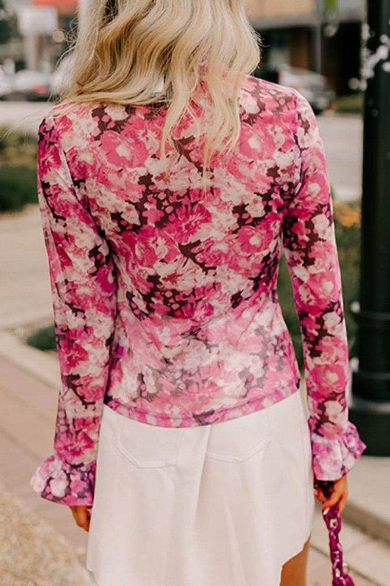 Floral Print Turtleneck Ruffle Sleeve Top