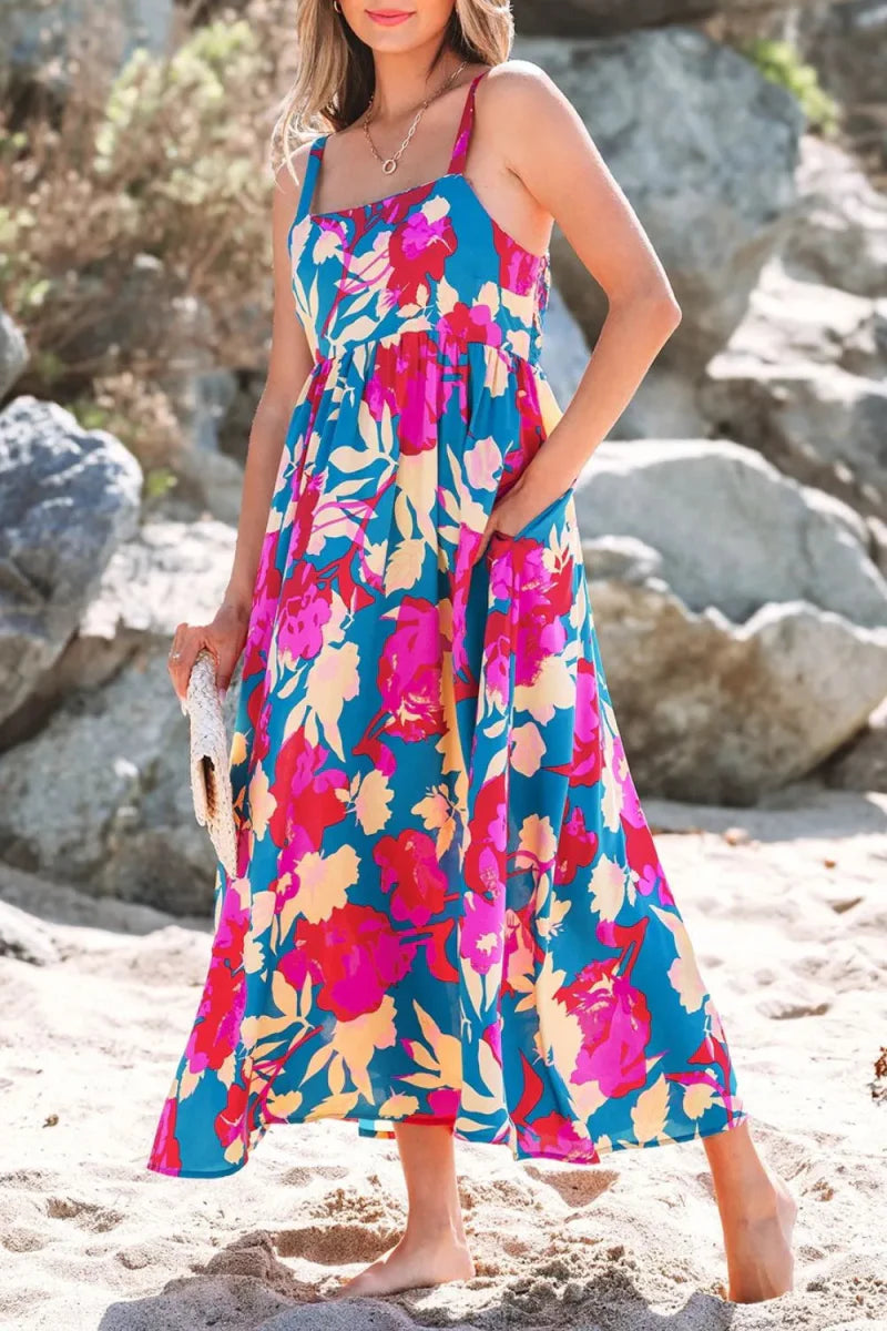 Floral Square Neck Cami Dress with Pockets for Women