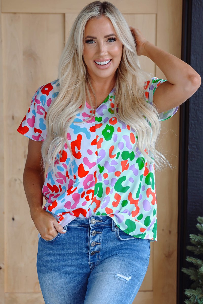 Green Contrast Leopard Print V Neck Short Sleeve Blouse for Women