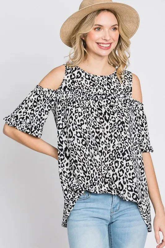 Heimish Full Size Leopard Round Neck Cold Shoulder T-Shirt Plus Size