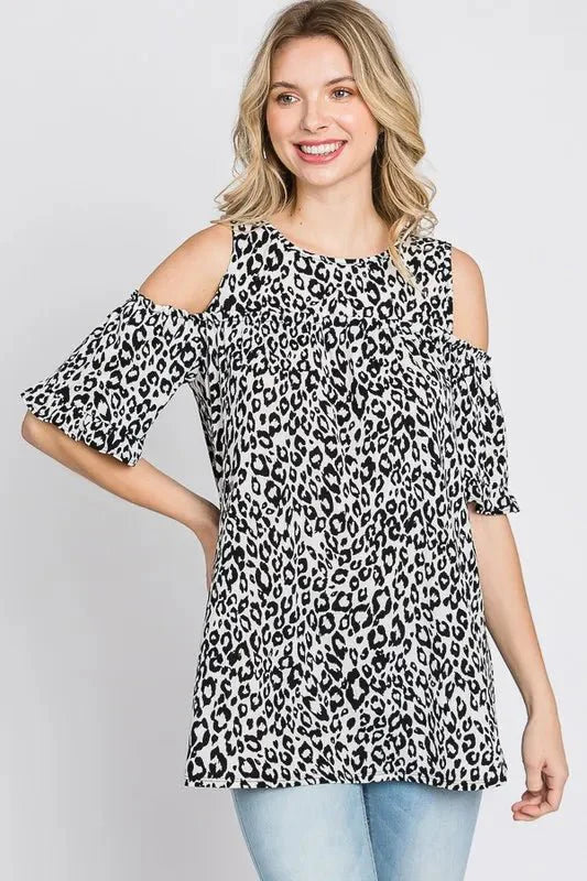 Heimish Full Size Leopard Round Neck Cold Shoulder T-Shirt Plus Size