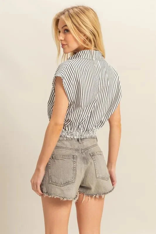 HYFVE Striped Elastic Hem Johnny Collar Cap Sleeve Blouse