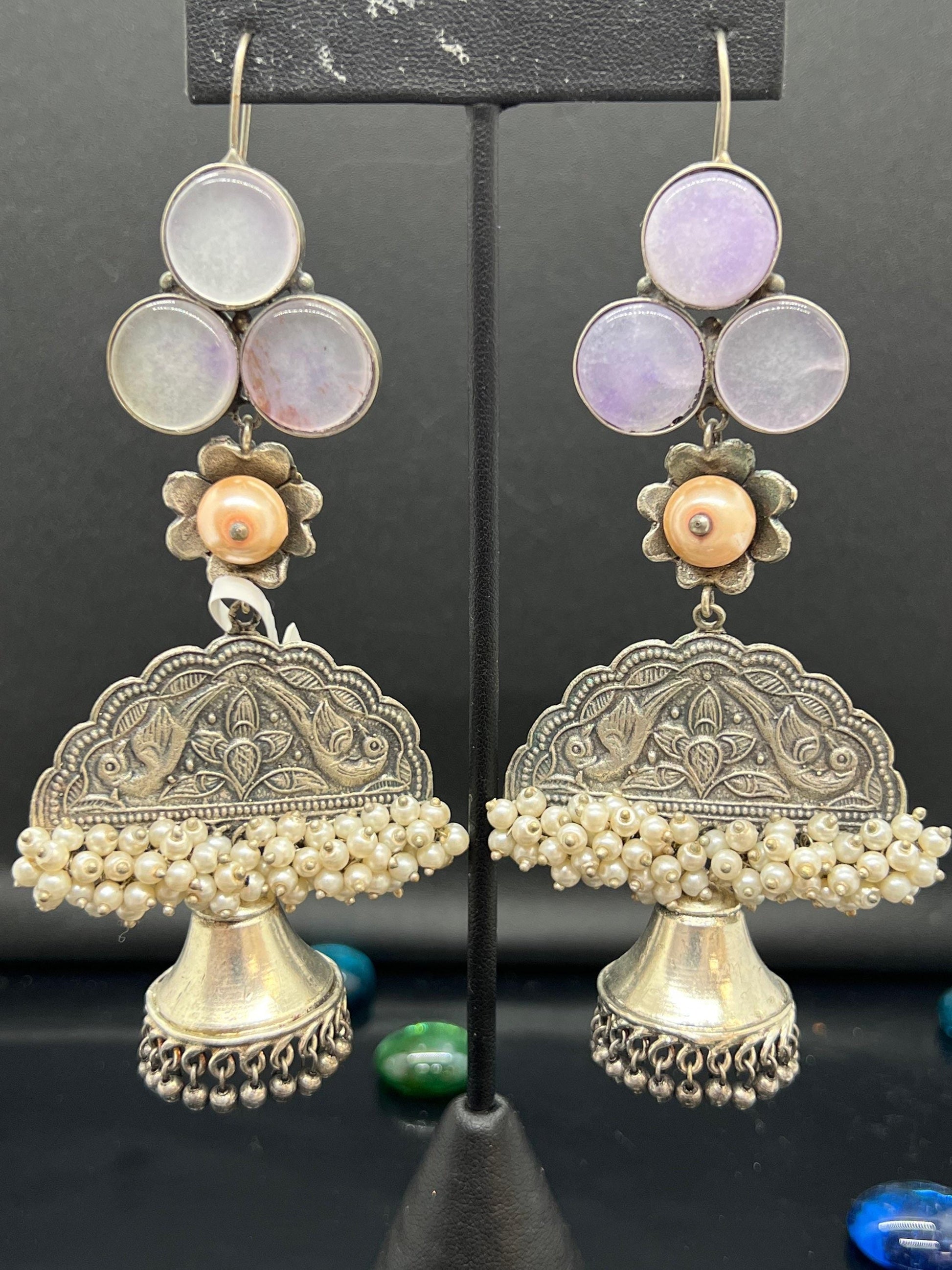 Handcrafted silver lookalike earrings with natural water stone