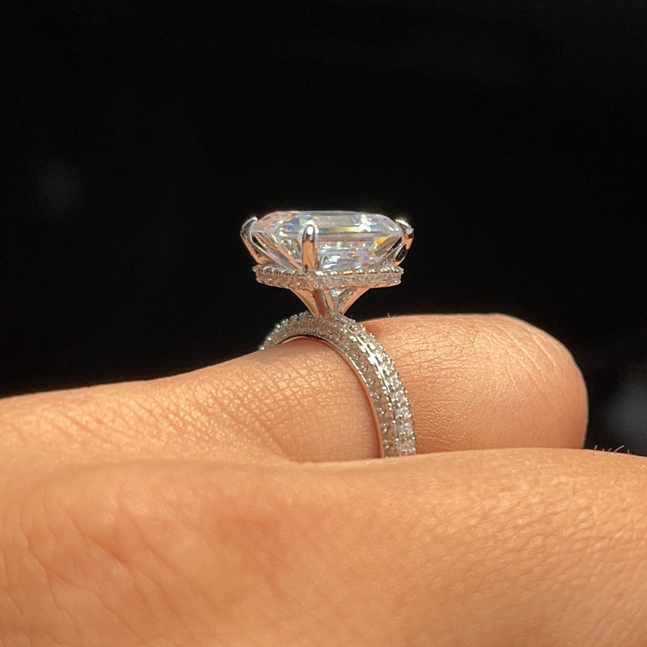 3.0ct Emerald Cut Moissanite Diamond Pavè Three Row Band Engagement Ring