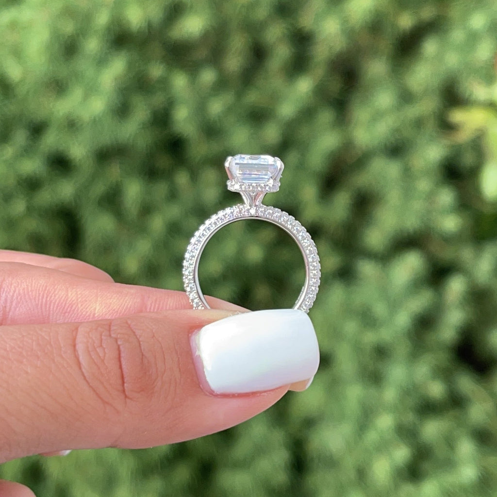 3.0ct Emerald Cut Moissanite Diamond Pavè Three Row Band Engagement Ring