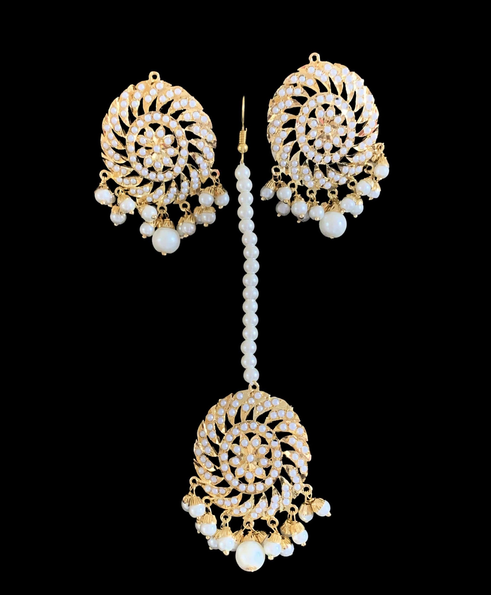 DJET15 Raabya punjabi Jadau earrings tika in pearls ( SHIPS IN 2 WEEKS )