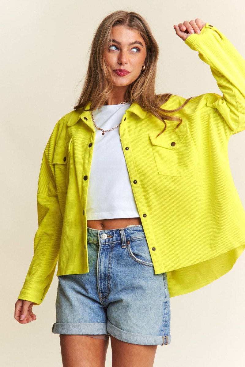 J.NNA Snap Down Long Sleeve High Low Shacket for Women