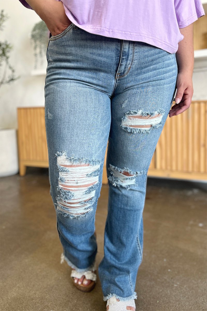 Premium Judy Blue Full Size Distressed Raw Hem Bootcut Jeans