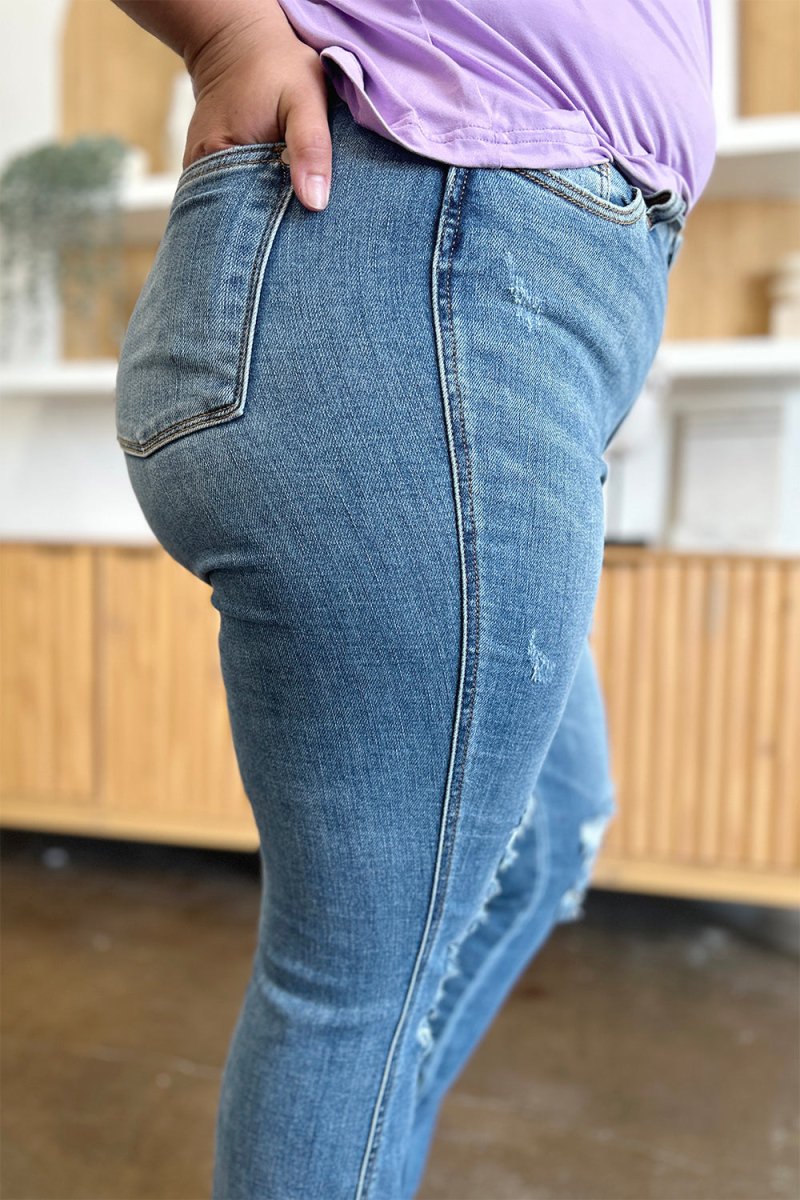 Premium Judy Blue Full Size Distressed Raw Hem Bootcut Jeans