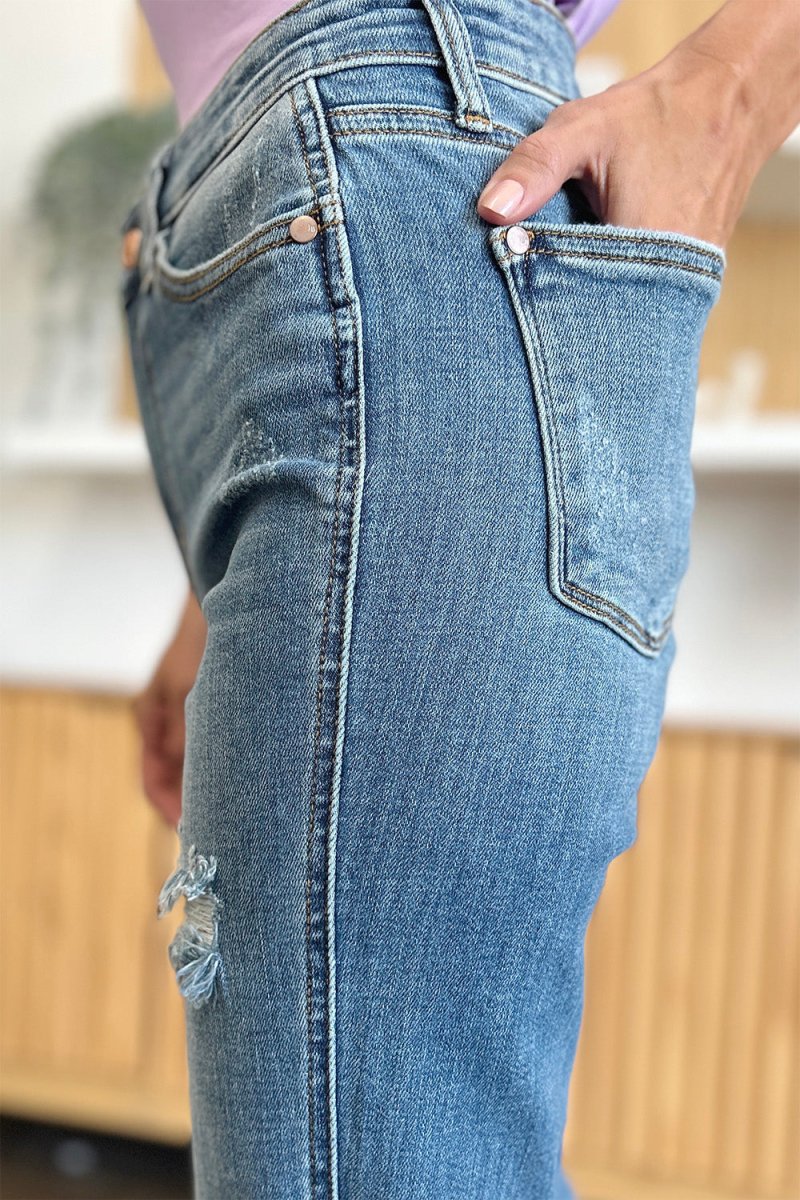 Premium Judy Blue Full Size Distressed Raw Hem Bootcut Jeans