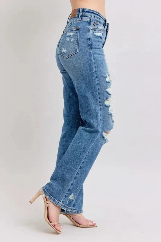 Judy Blue Full Size High Waist Heavy Destroy Straight Jeans Plus Size
