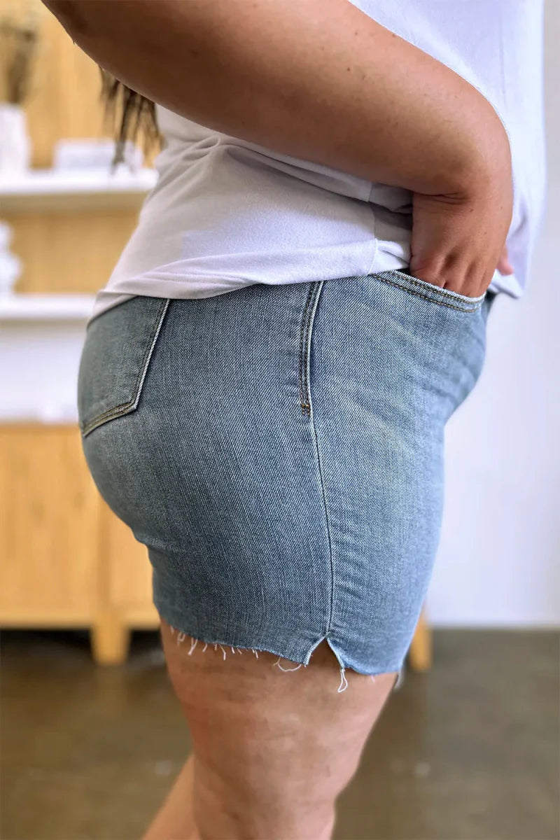 Judy Blue Full Size High Waist Raw Hem Denim Shorts for Summer