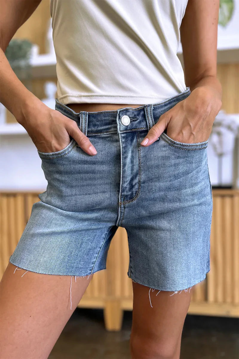 Judy Blue Full Size High Waist Raw Hem Denim Shorts for Summer