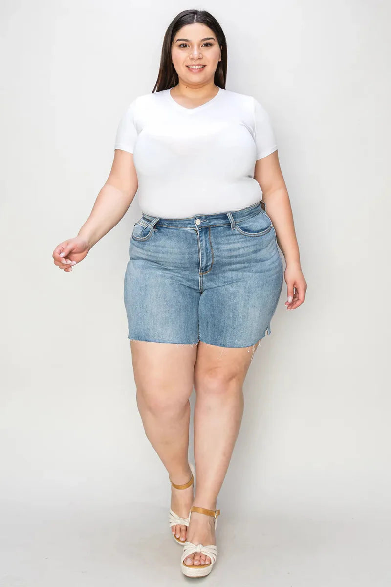 Judy Blue Full Size High Waist Raw Hem Denim Shorts for Summer