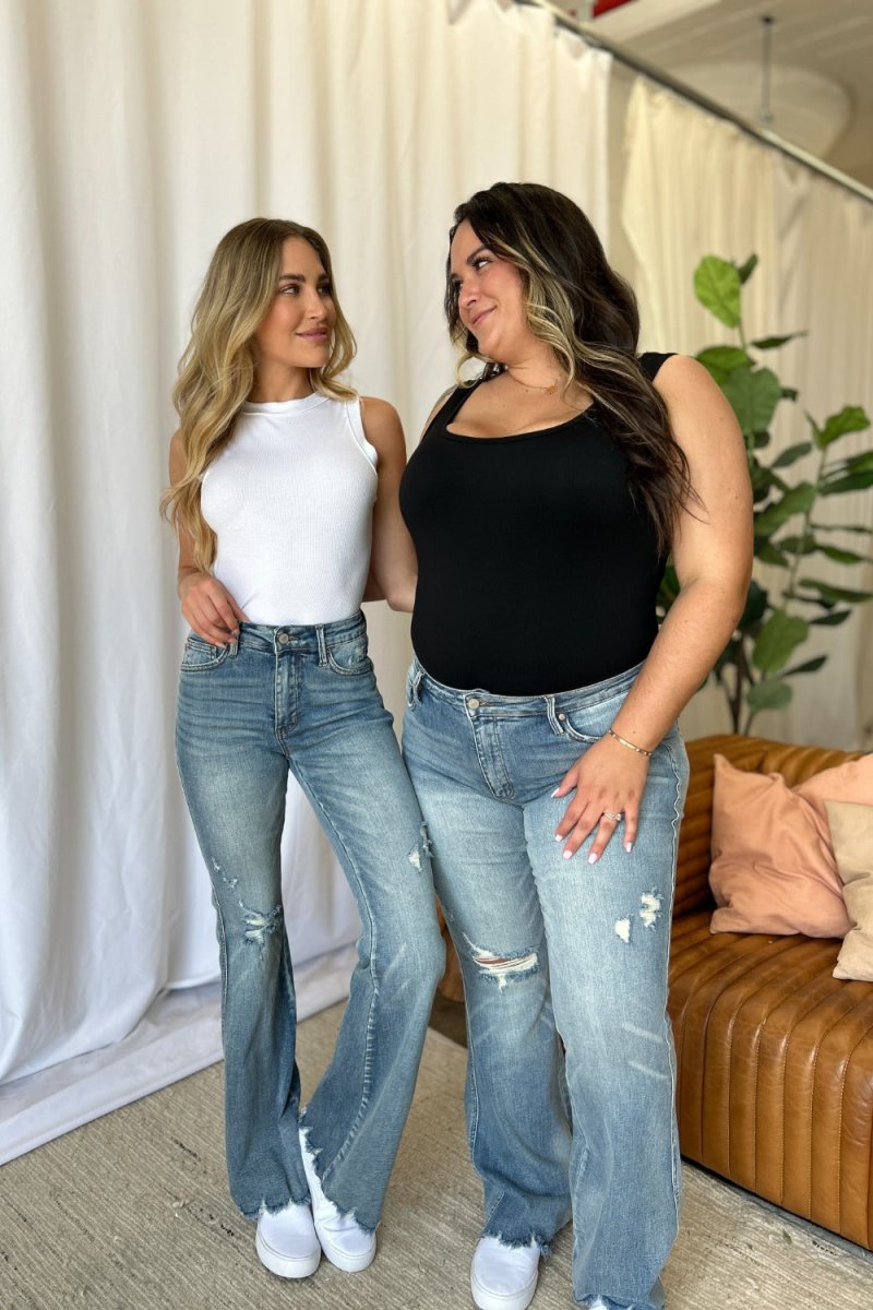 Premium Judy Blue Full Size Medium Rise Tummy Control Destroy Flare Jeans