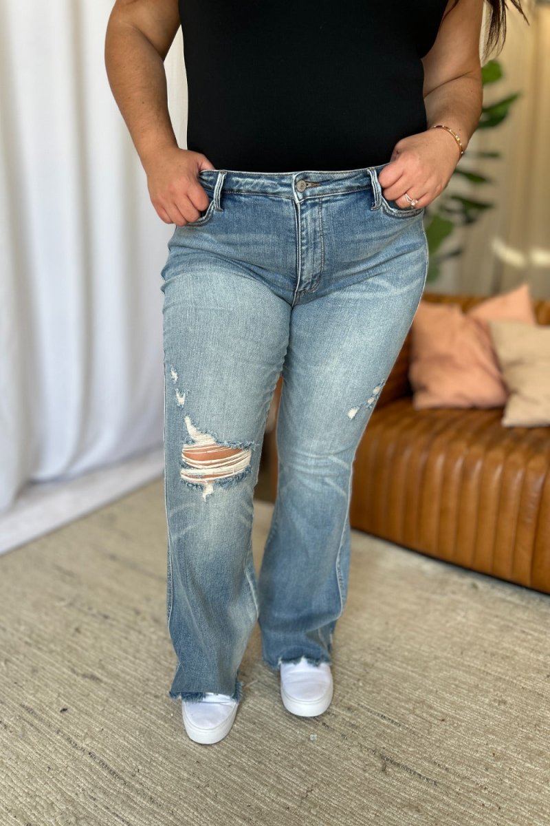 Premium Judy Blue Full Size Medium Rise Tummy Control Destroy Flare Jeans