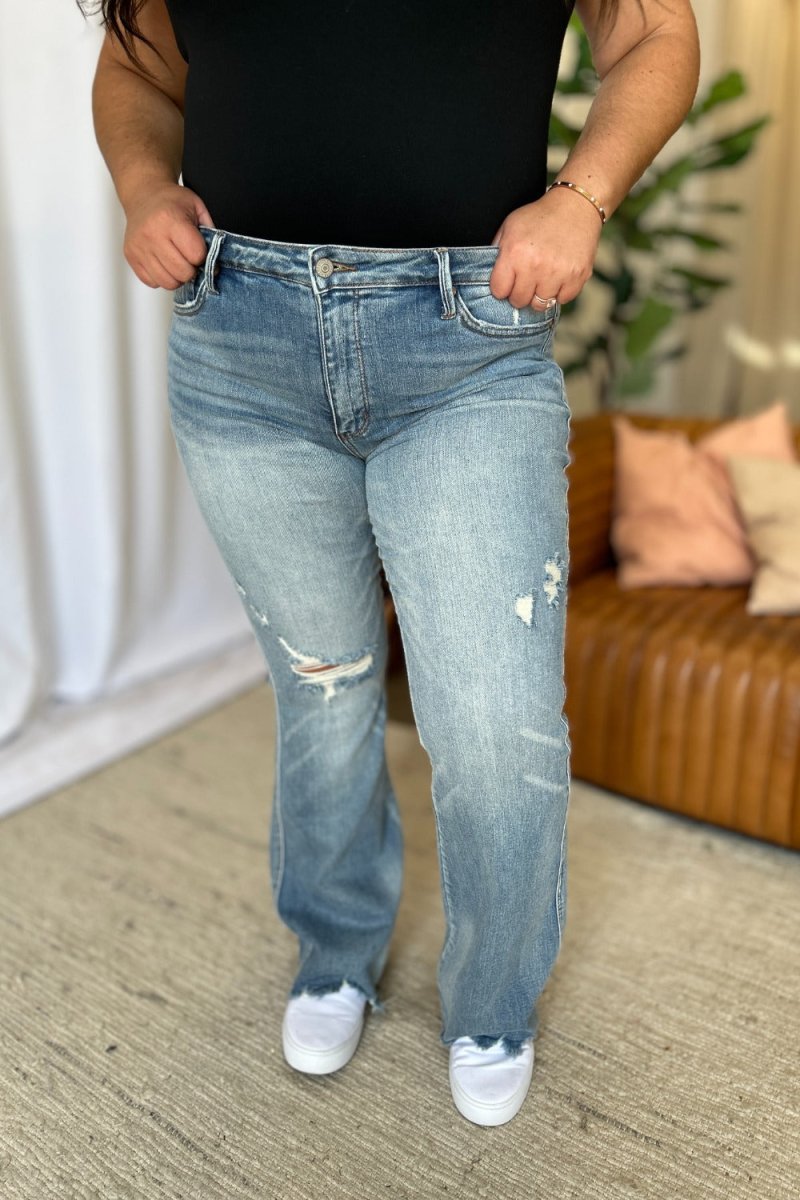 Premium Judy Blue Full Size Medium Rise Tummy Control Destroy Flare Jeans