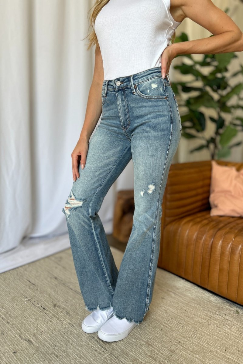 Premium Judy Blue Full Size Medium Rise Tummy Control Destroy Flare Jeans