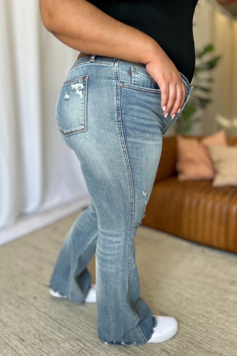 Premium Judy Blue Full Size Medium Rise Tummy Control Destroy Flare Jeans