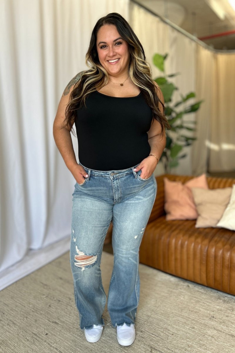 Premium Judy Blue Full Size Medium Rise Tummy Control Destroy Flare Jeans