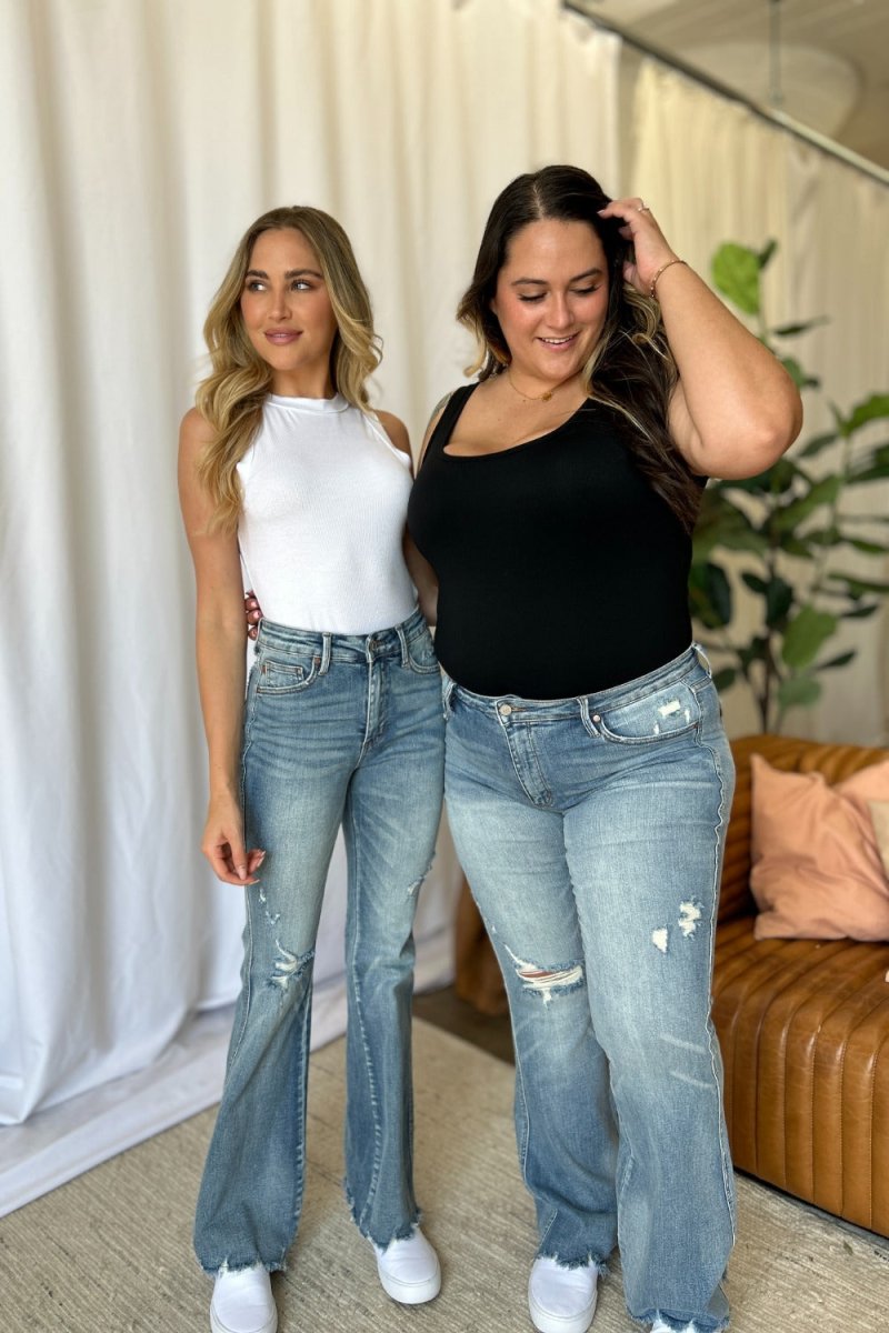 Premium Judy Blue Full Size Medium Rise Tummy Control Destroy Flare Jeans