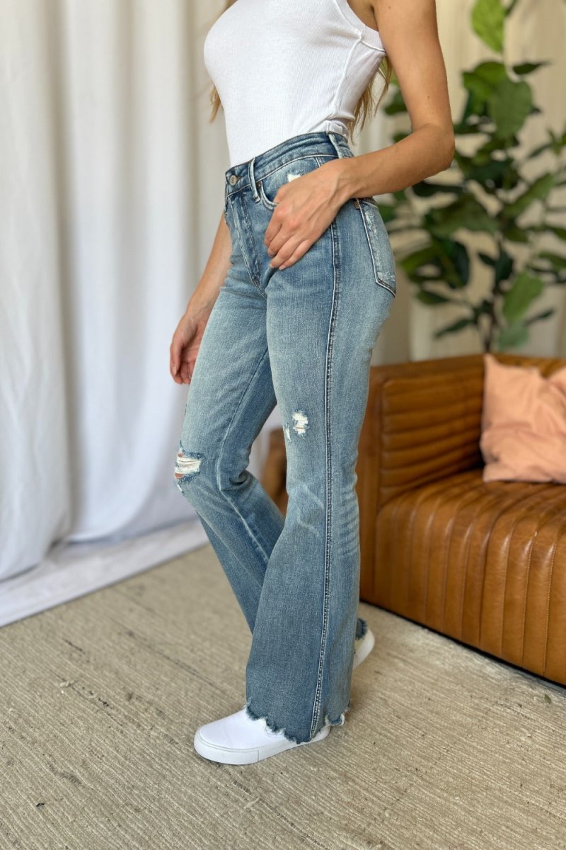 Premium Judy Blue Full Size Medium Rise Tummy Control Destroy Flare Jeans