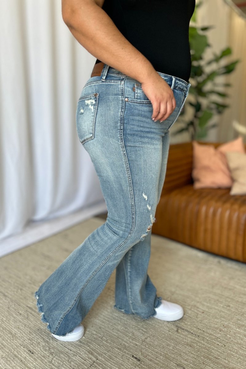 Premium Judy Blue Full Size Medium Rise Tummy Control Destroy Flare Jeans