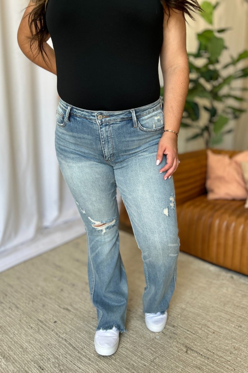 Premium Judy Blue Full Size Medium Rise Tummy Control Destroy Flare Jeans