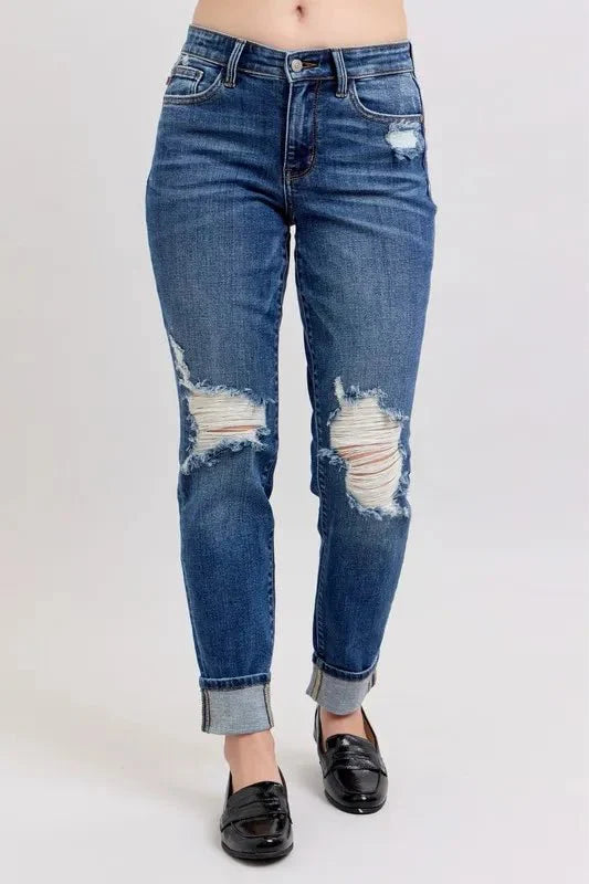Judy Blue Full Size Mid Rise Boyfriend Destroy Jeans Plus Size