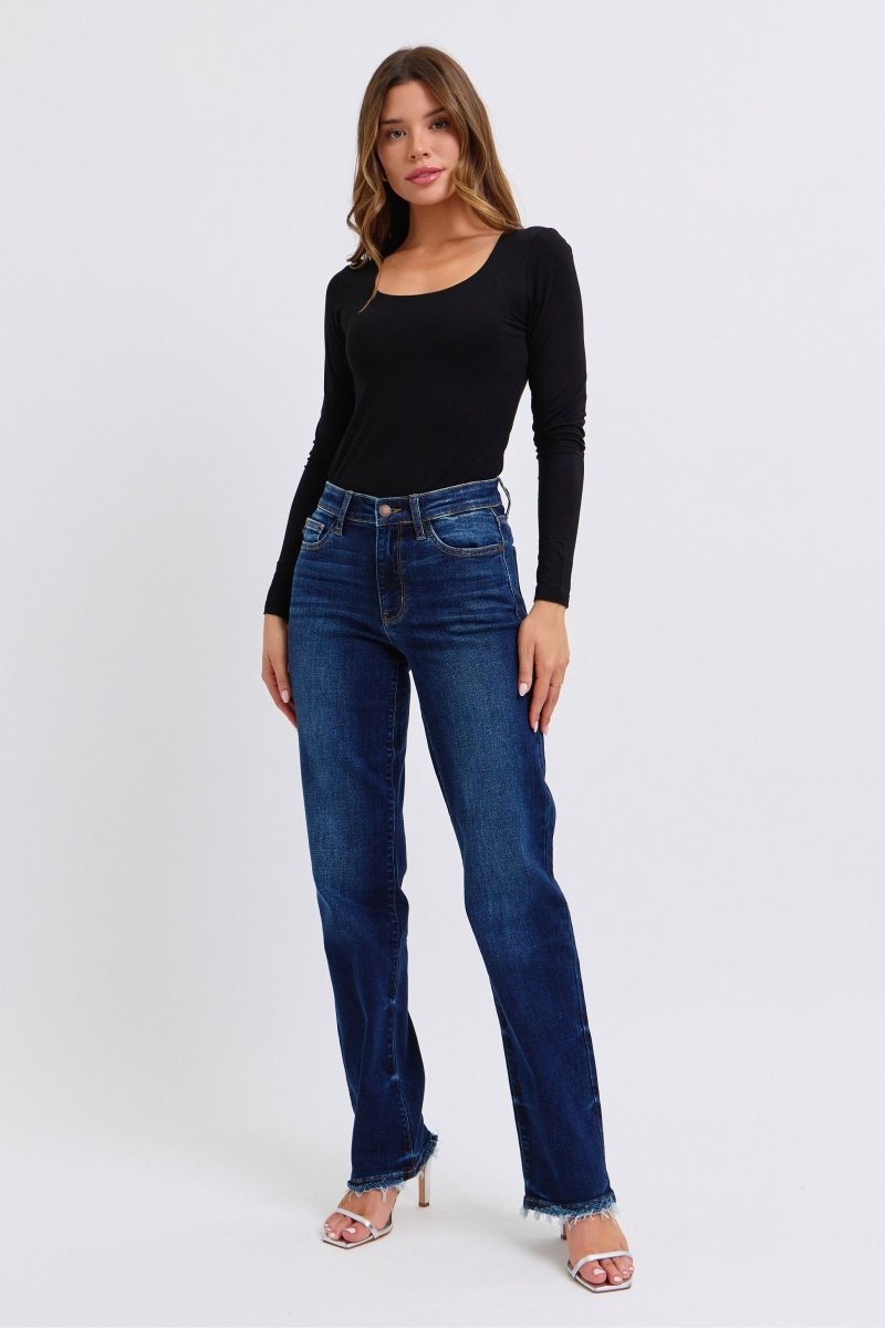Premium Judy Blue Full Size Raw Hem Straight Leg Jeans for Women