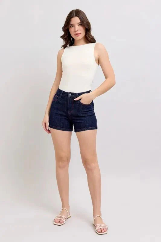 Premium Judy Blue High Waist Heart Shaped Pkts & Red Contrast Thread Denim Shorts