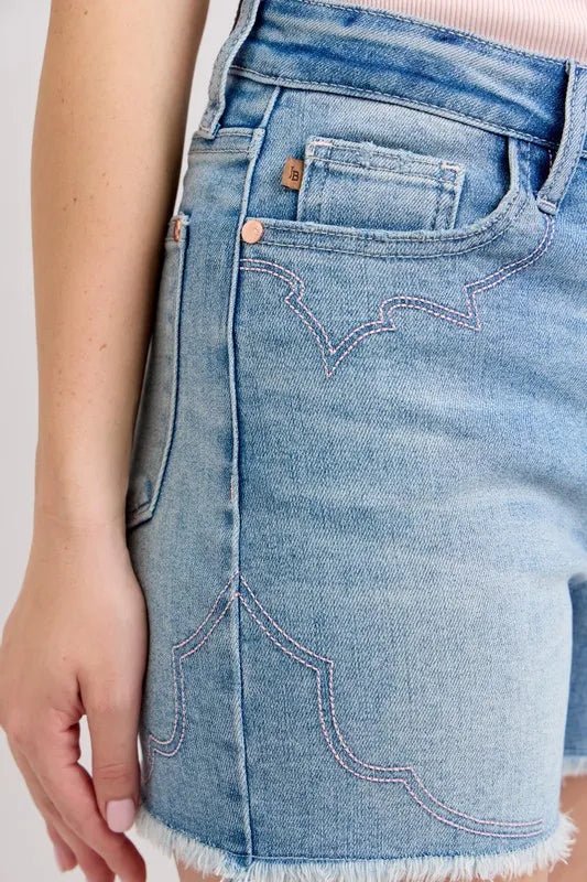 Premium Judy Blue High Waist Western Embroidery Cut Off Denim Shorts