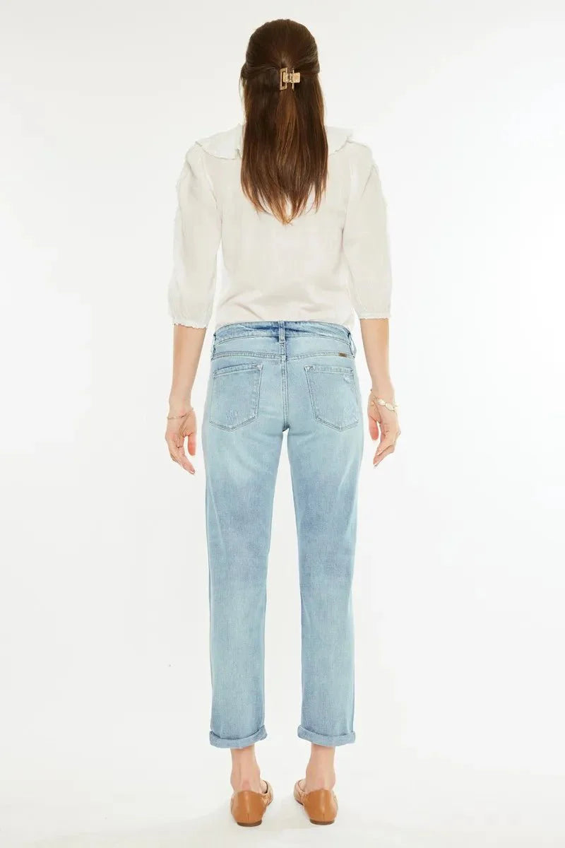 Kancan Mid Rise Distressed Boyfriend Fit Jeans for Women