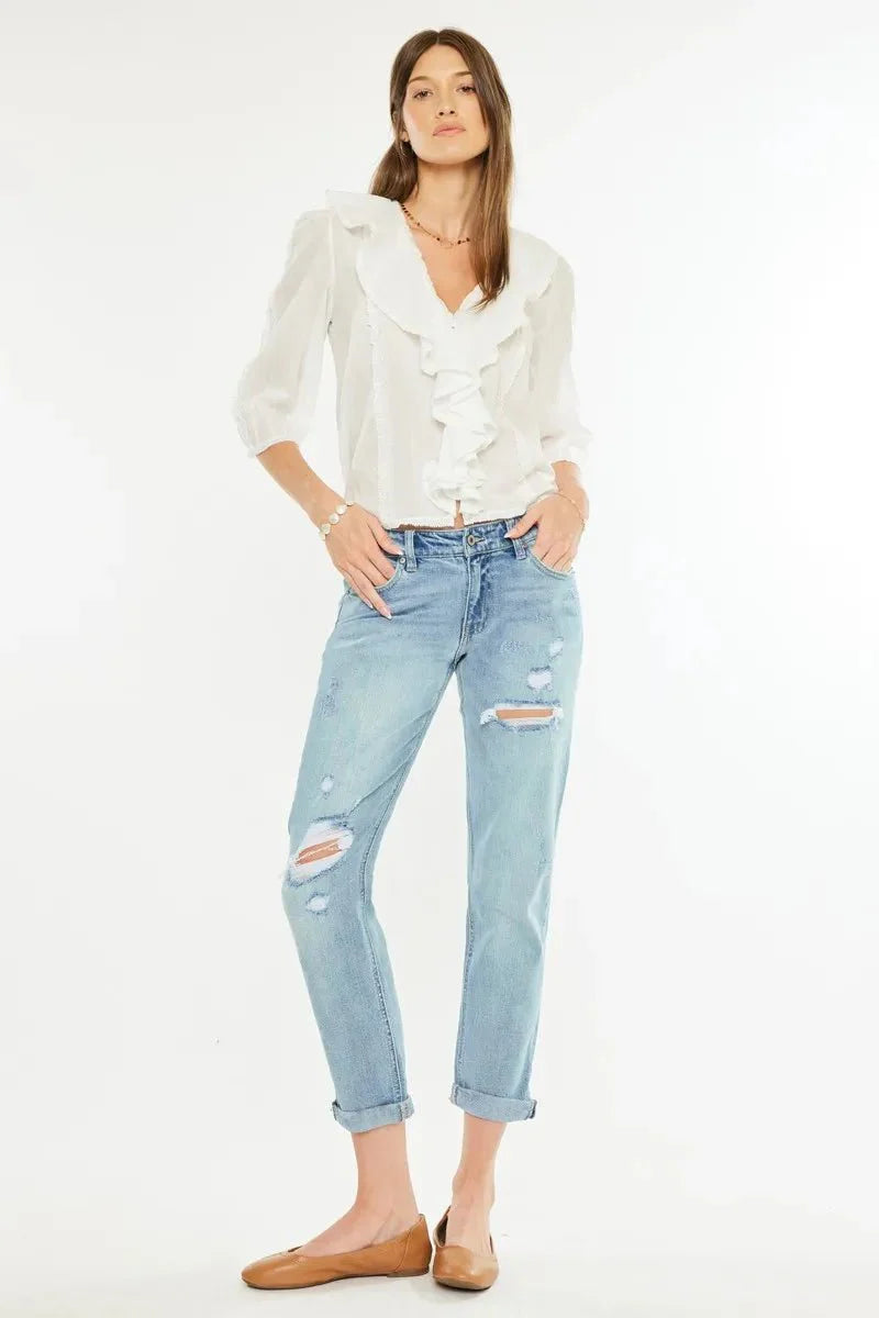 Kancan Mid Rise Distressed Boyfriend Fit Jeans for Women