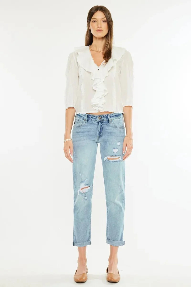 Kancan Mid Rise Distressed Boyfriend Fit Jeans for Women