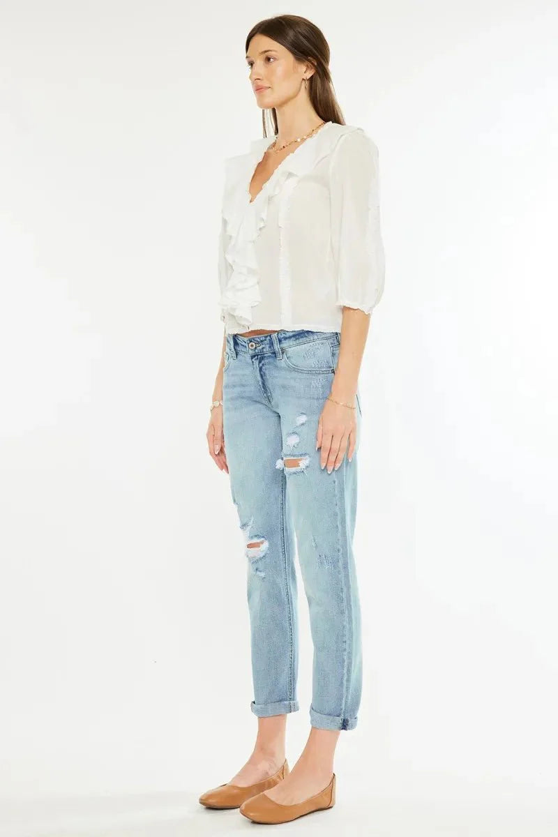 Kancan Mid Rise Distressed Boyfriend Fit Jeans for Women