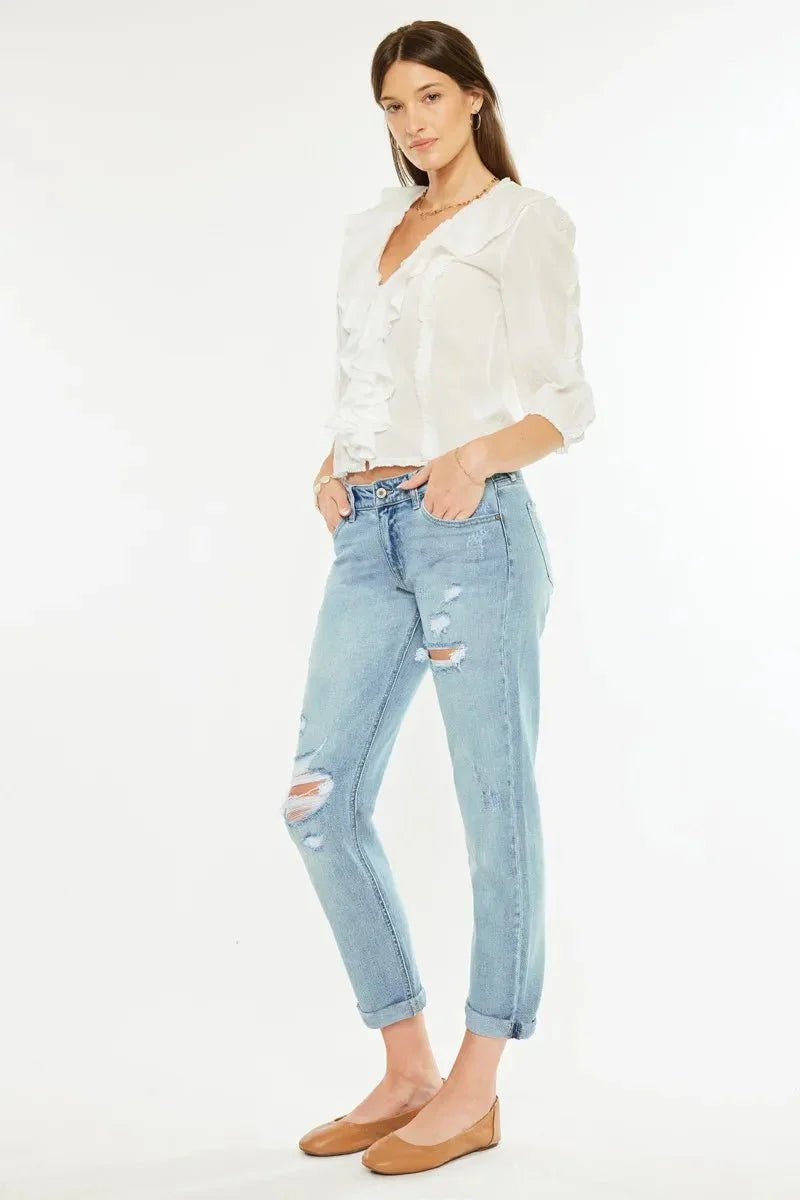 Kancan Mid Rise Distressed Boyfriend Fit Jeans for Women