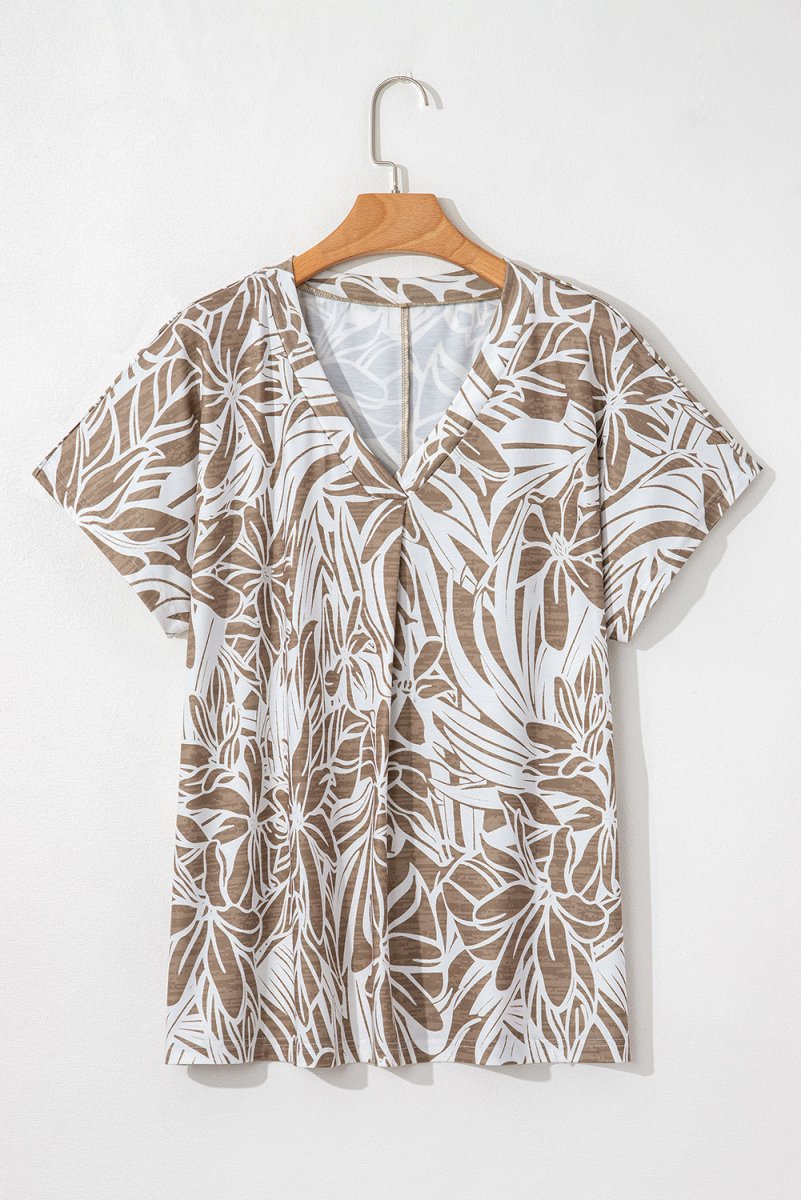 Khaki Floral Print V Neck Short Sleeve Loose Fit Blouse