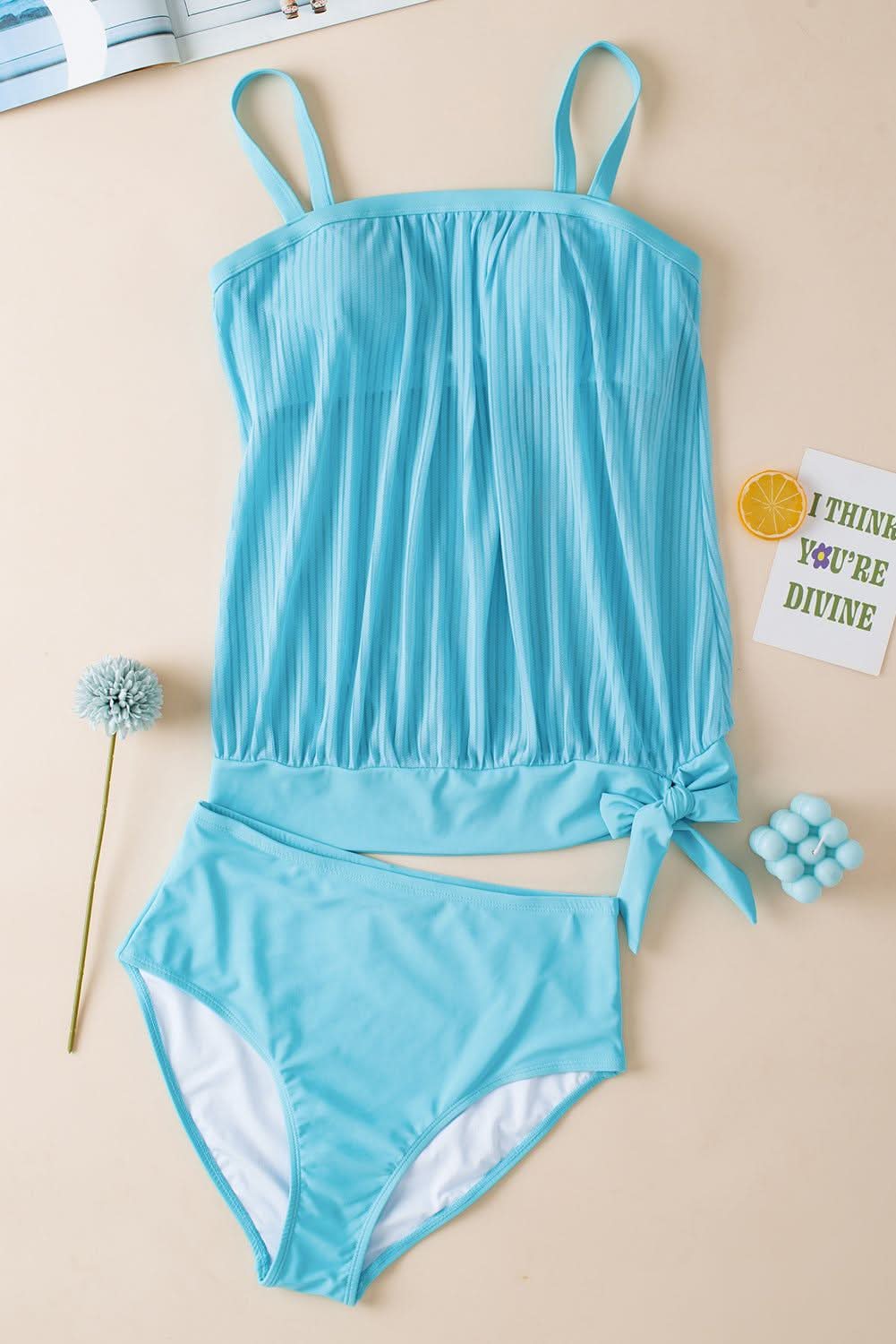 Turquoise mesh tankini with knot detail