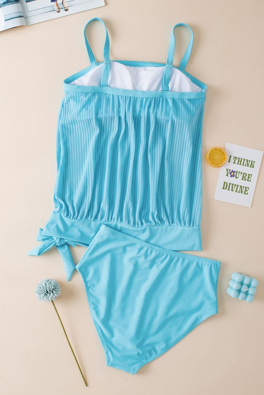 Turquoise mesh tankini with knot detail