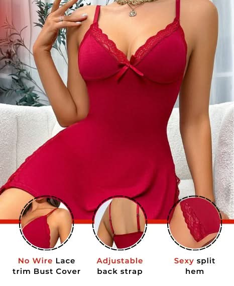 Love Salve Romantic Lace-Trimmed Nightdress with Bowknot Detail