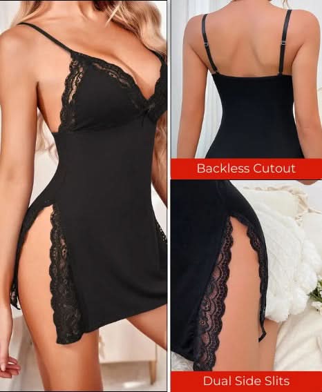 Love Salve Romantic Lace-Trimmed Nightdress with Bowknot Detail