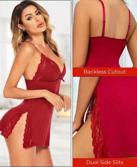 Love Salve Romantic Lace-Trimmed Nightdress with Bowknot Detail