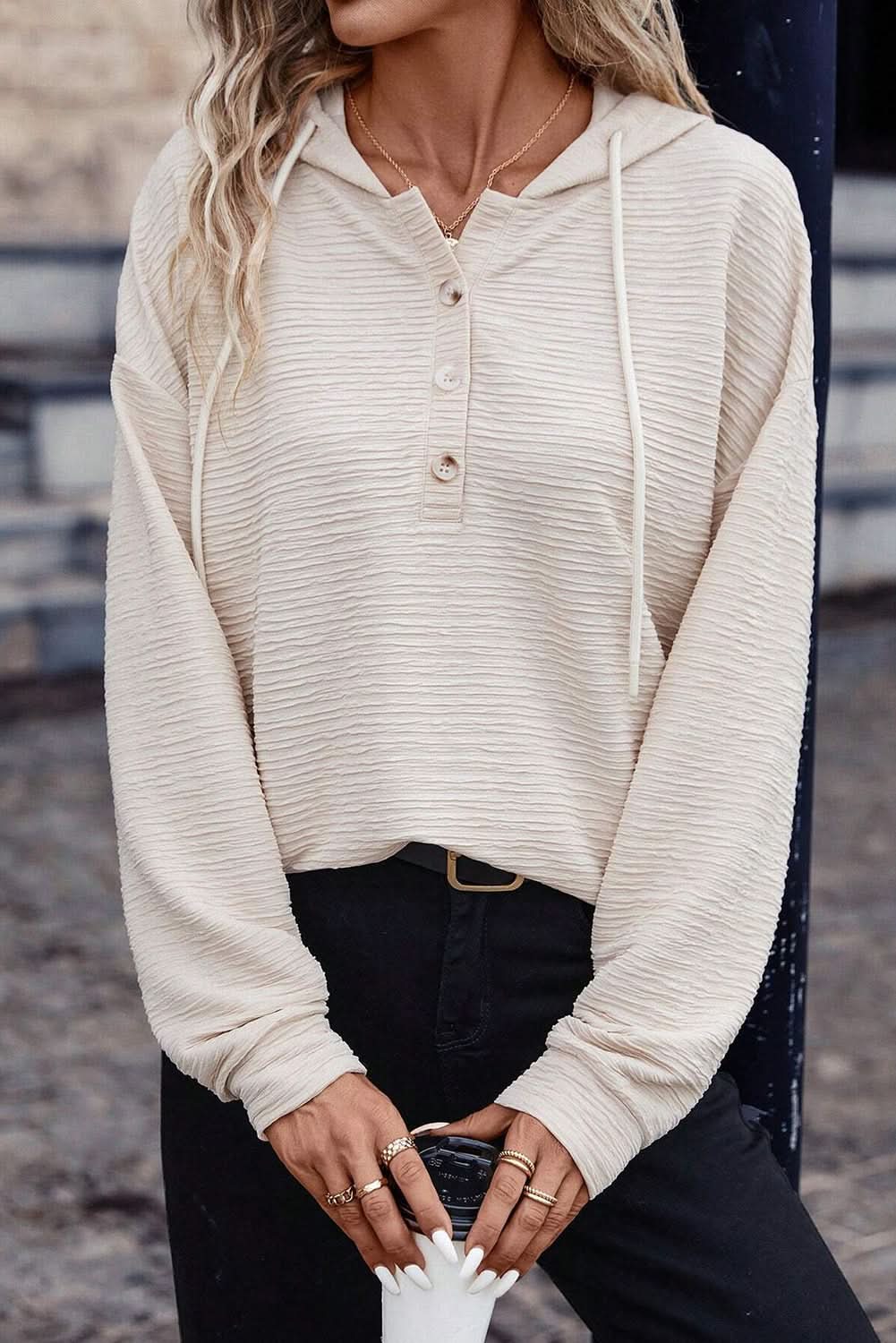 Love Salve Apricot Solid Textured Drawstring Henley Hoodie