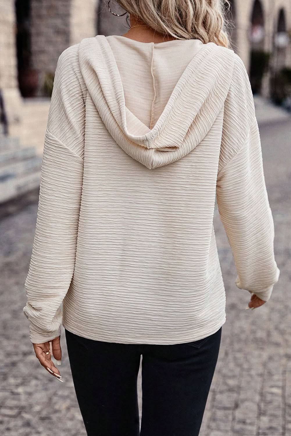Love Salve Apricot Solid Textured Drawstring Henley Hoodie