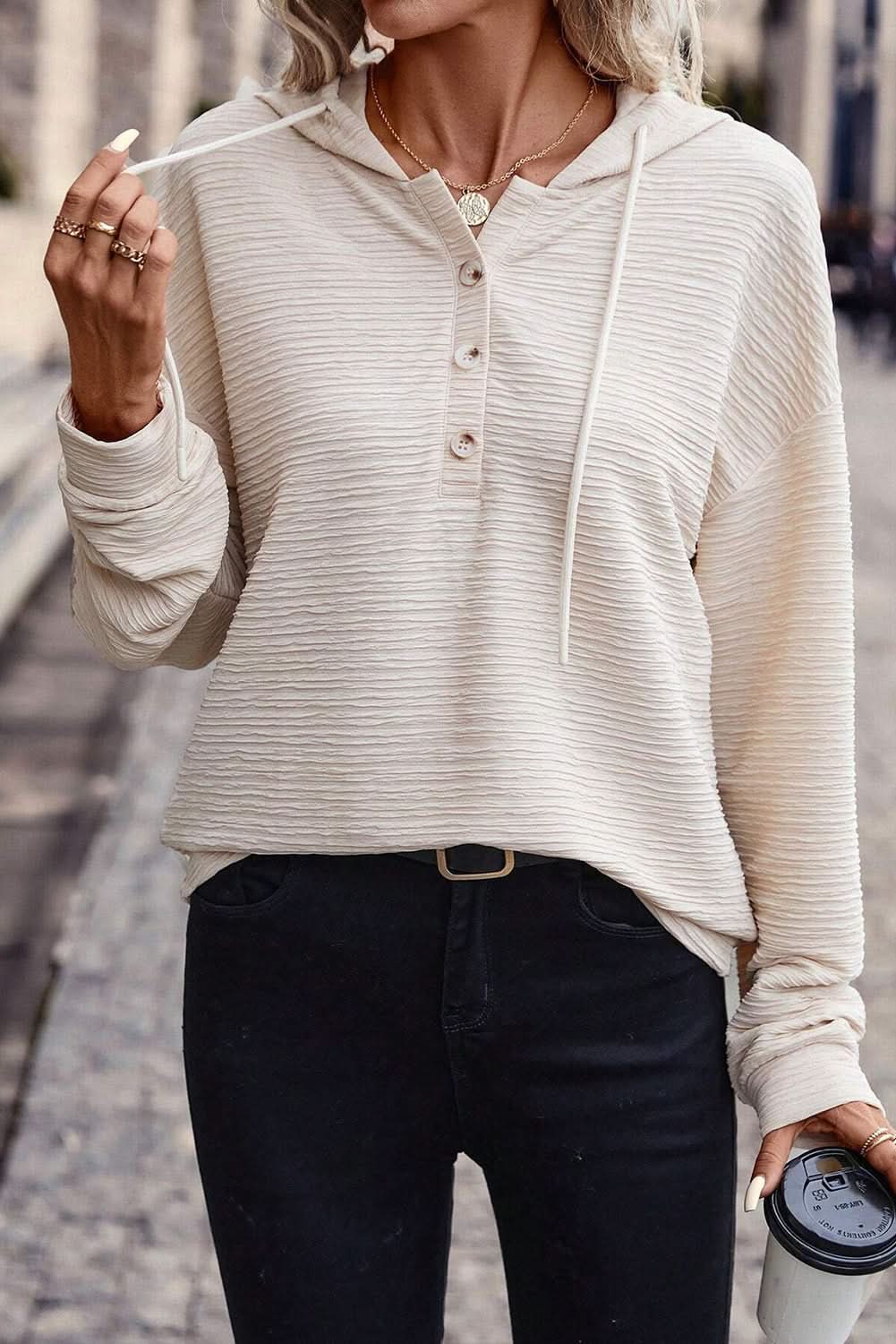 Love Salve Apricot Solid Textured Drawstring Henley Hoodie
