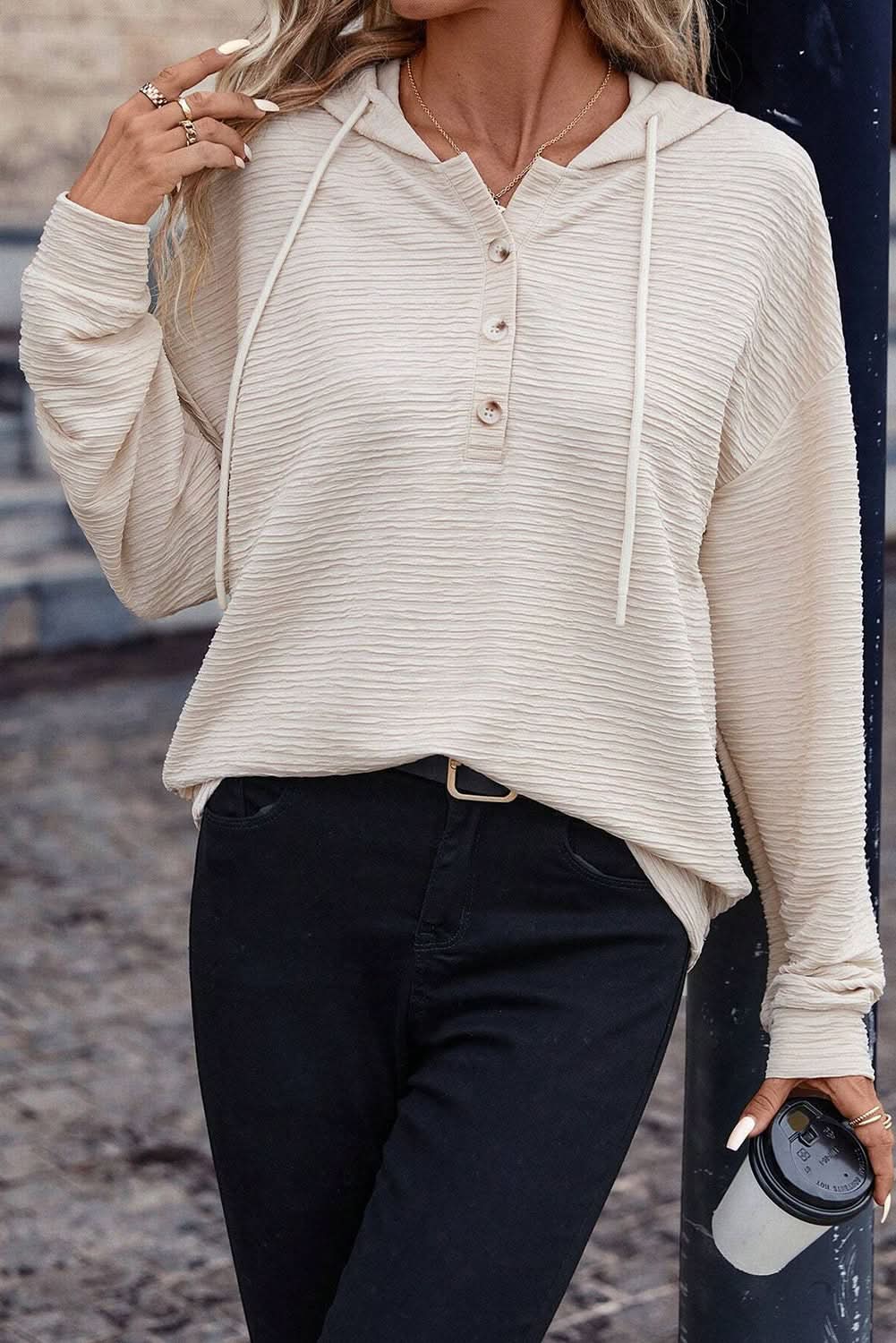 Love Salve Apricot Solid Textured Drawstring Henley Hoodie