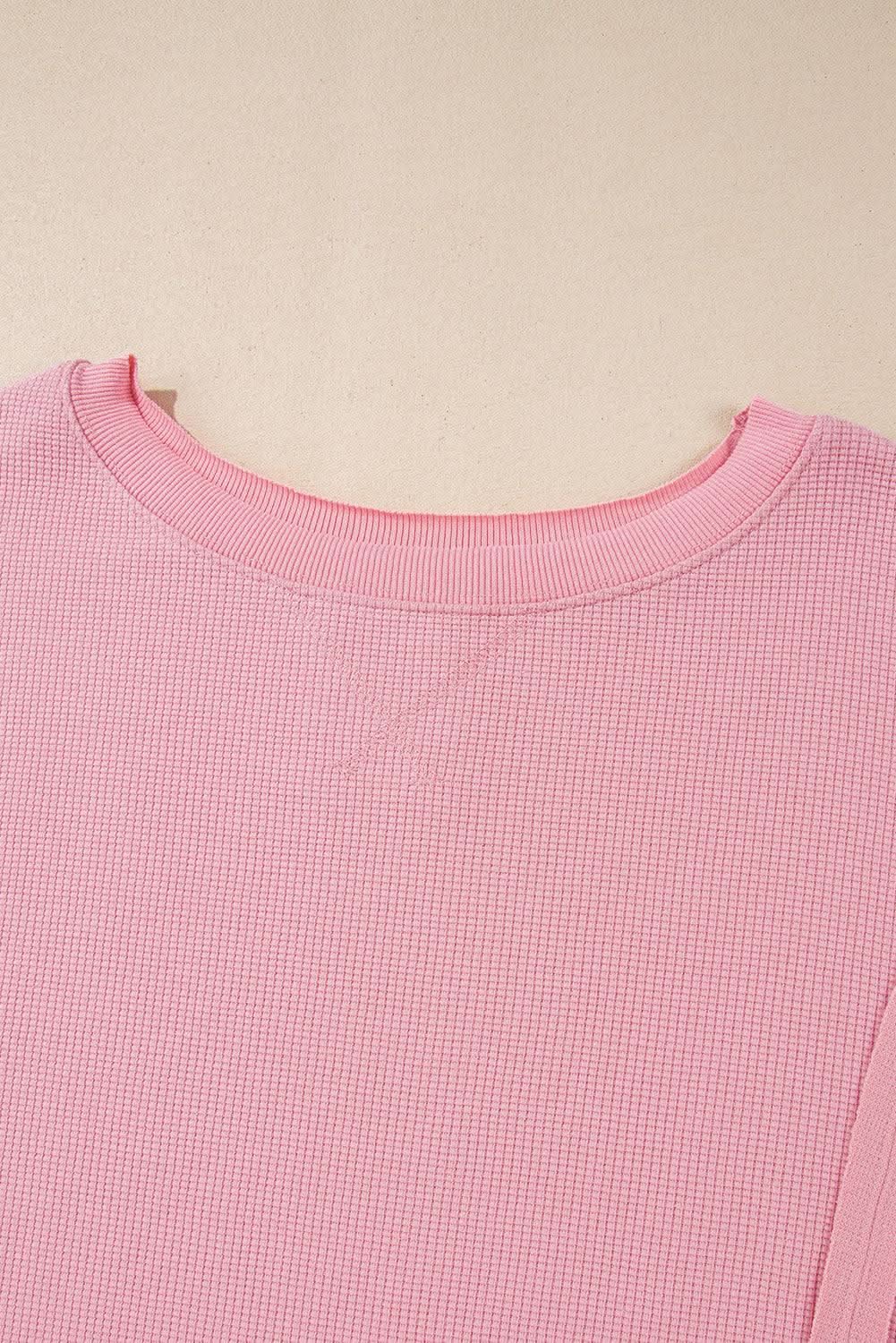 Pink Waffle Knit Bishop Sleeve Split Oversized Sweatshirt
