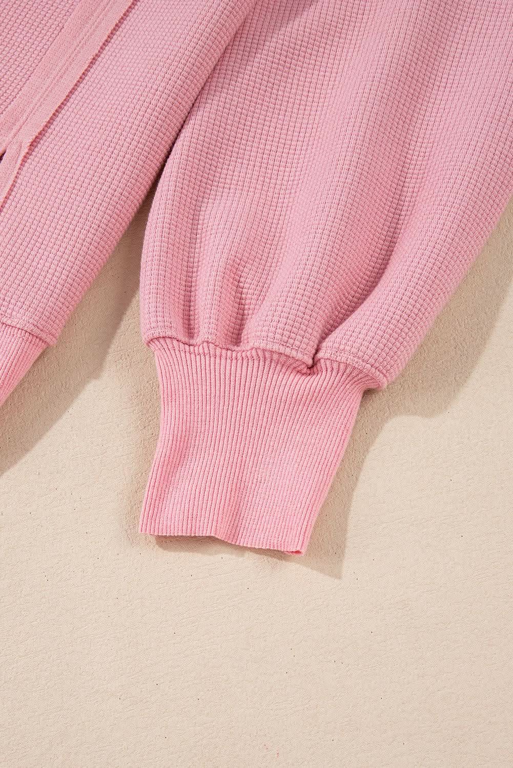 Pink Waffle Knit Bishop Sleeve Split Oversized Sweatshirt