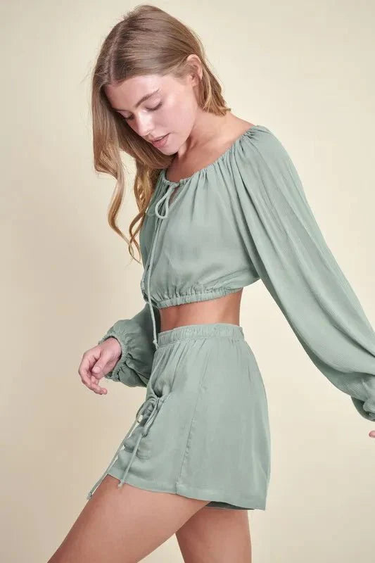 MABLE Gauze Long Sleeve Button Crop Top and Short Set
